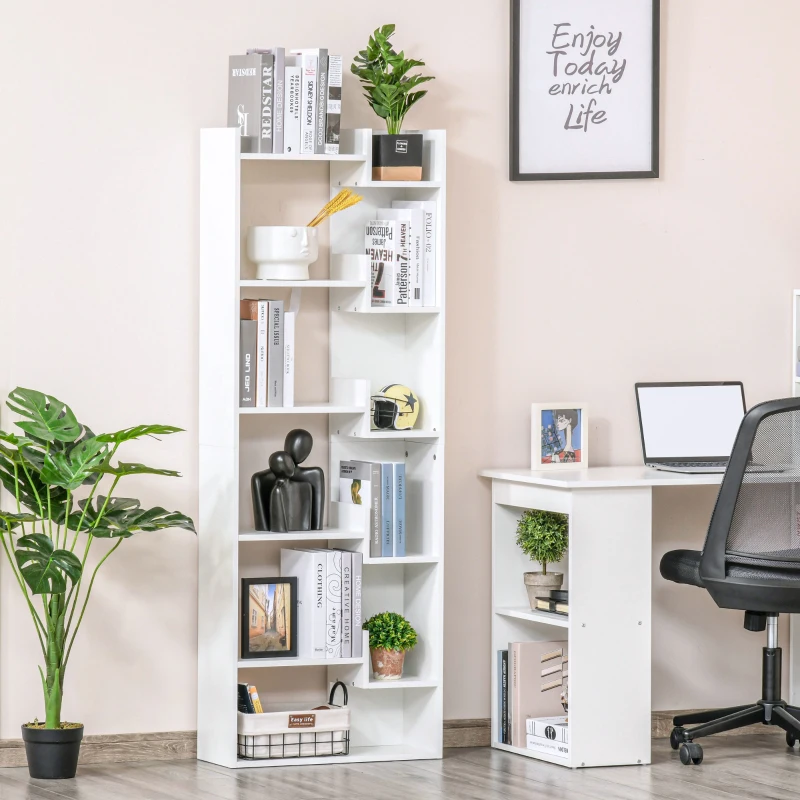 HOMCOM Bücherregal, 6-stufiges Aufbewahrungsregal, unregelmäßiges Design, für Wohnzimmer, Schlafzimmer, Büro, 60x21x162,5 cm, weiß