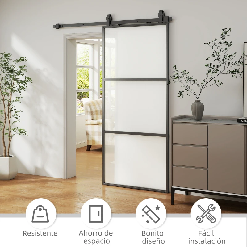 HOMCOM Puerta Corredera de Cristal con Herrajes Mecanismo Cierre Suave para Baño Salón 91,4x203,2 cm Negro