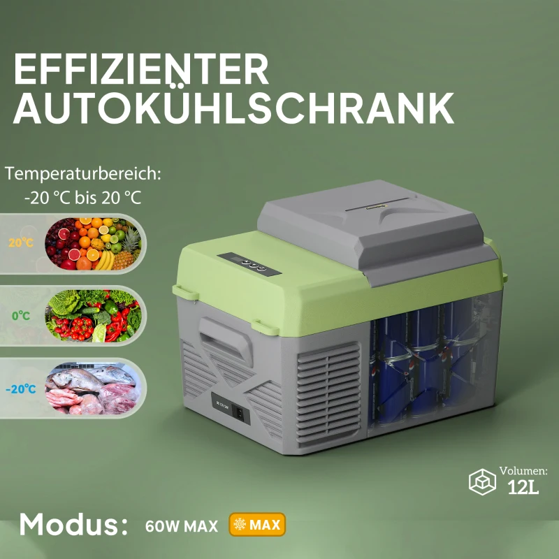 Outsunny 12 Liter Kompressor Kühlbox elektrische Kühlbox mit Anschluss Kühlhaltefunktion Grau+Grün(m-4)
