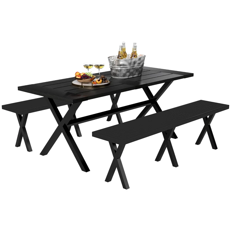 Outsunny Bierzeltgarnitur für 6 Personen, wetterfest, Holzoptik, Alurahmen, Schwarz