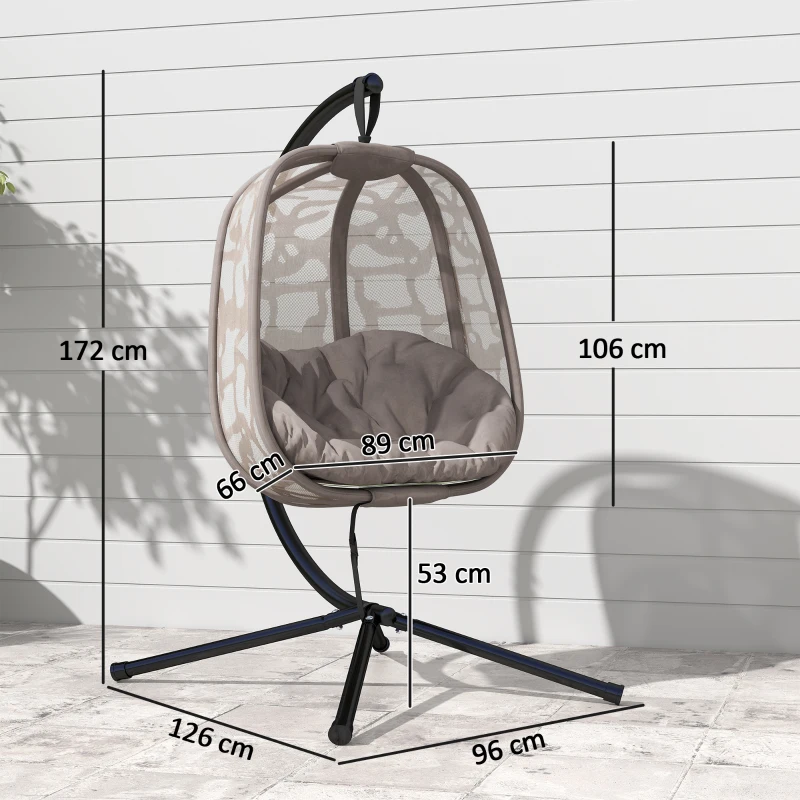 Outsunny Cadeirão Suspenso com Suporte de Aço Cadeira Suspensa com Cesto Dobrável e Almofadas para Interior e Exterior 126x96x172cm Cor Areia