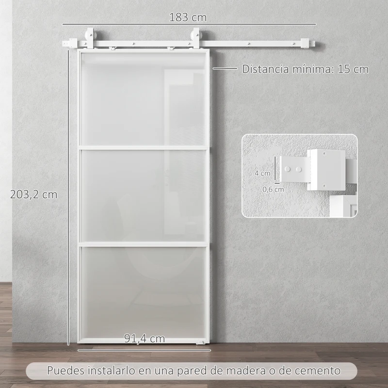 HOMCOM Puerta Corredera de Cristal con Herrajes Mecanismo Cierre Suave para Baño Salón 91,4x203,2 cm Blanco