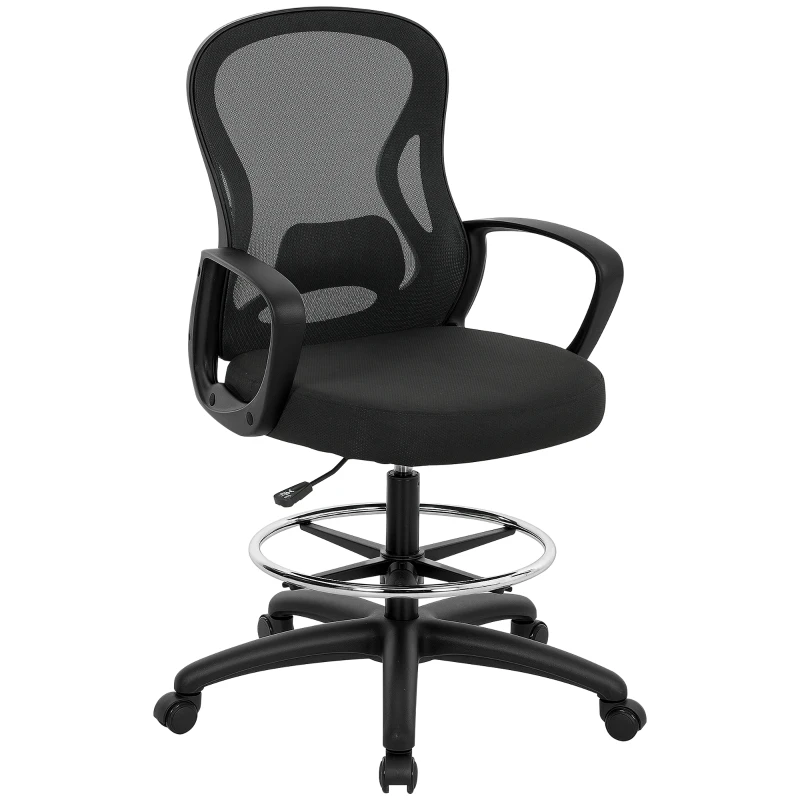 Vinsetto Drafting Chair with Adjustable Footrest, Ergonomic Mesh Office Chair with Lumbar Support, Adjustable Height for Standing Desk, Black