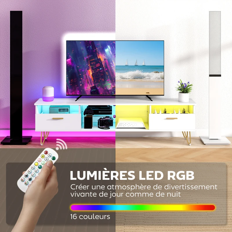 HOMCOM Meuble TV avec LED RGB de 16 couleurs meuble télé pour téléviseur jusqu'à 42 à 120 pouces, 160x35x42cm, blanc
