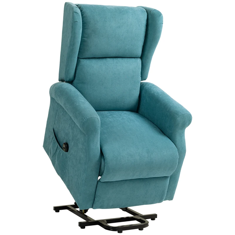 HOMCOM Fauteuil électrique releveur dossier inclinable avec repose-pied télécommande et pochette tissu aspect lin bleu