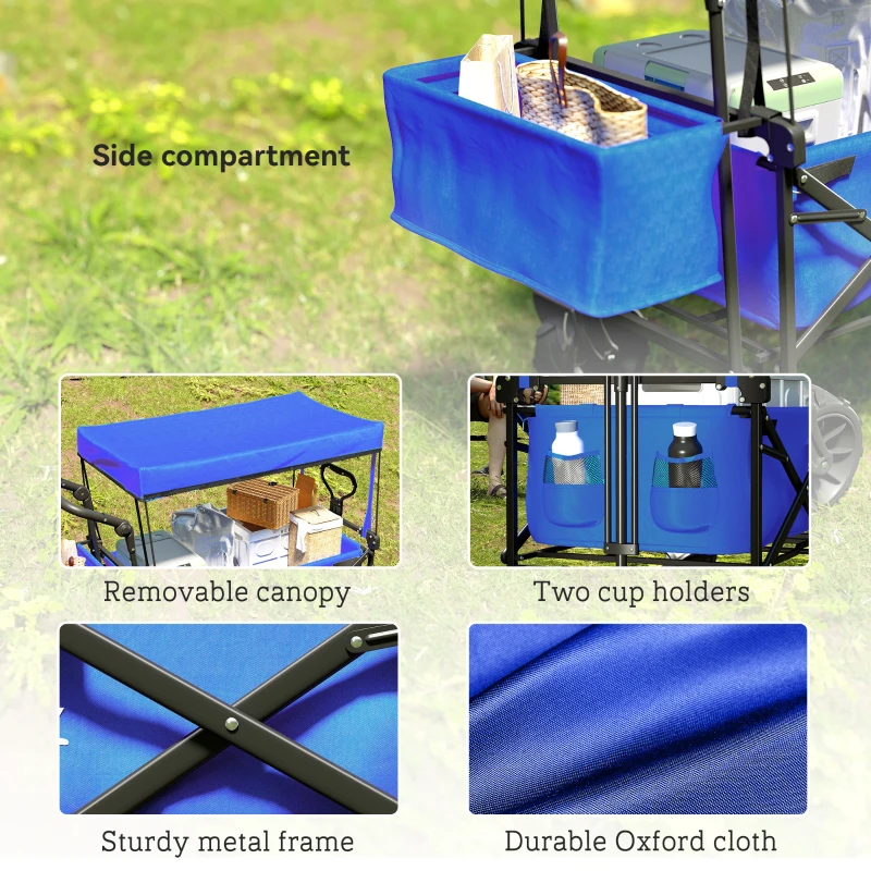 Outsunny Folding Trolley Cart Storage Wagon Beach Trailer 4 Wheels with Handle Overhead Canopy Cart Push Pull for Camping, Blue