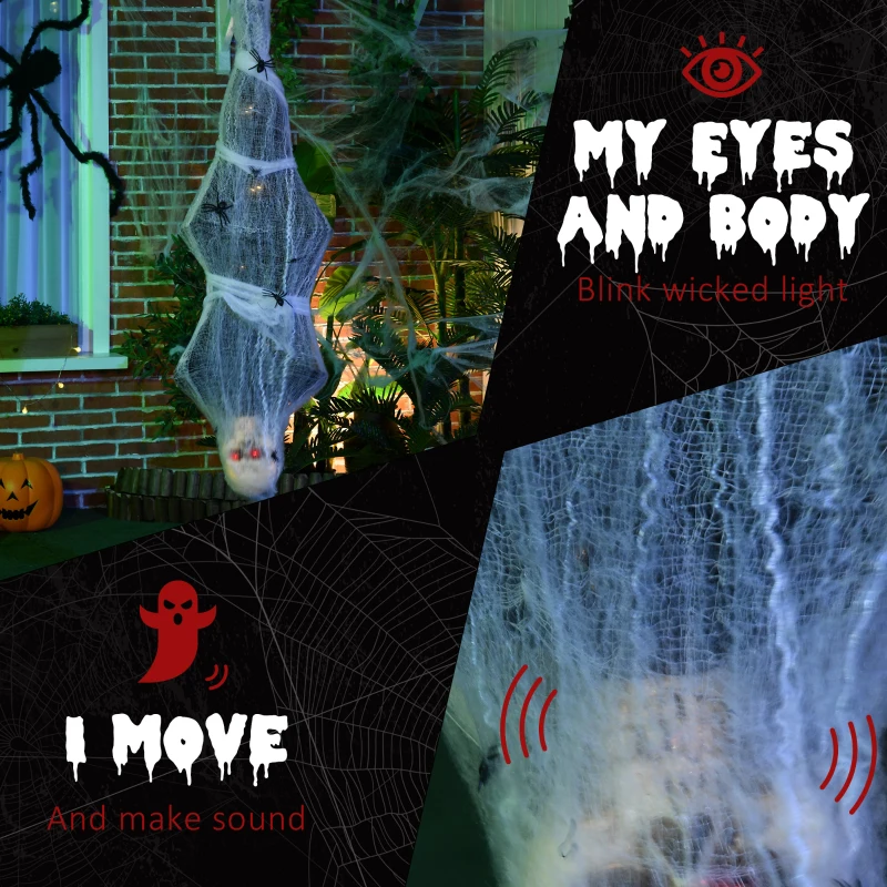 HOMCOM 4.7ft Life Size Outdoor Halloween Decoration Hanging Mummy with Spider Web, Animated Prop Decor with Sound and Motion Activated, Light Up Eyes, Howling Sound, Posable Arms, Moving Body