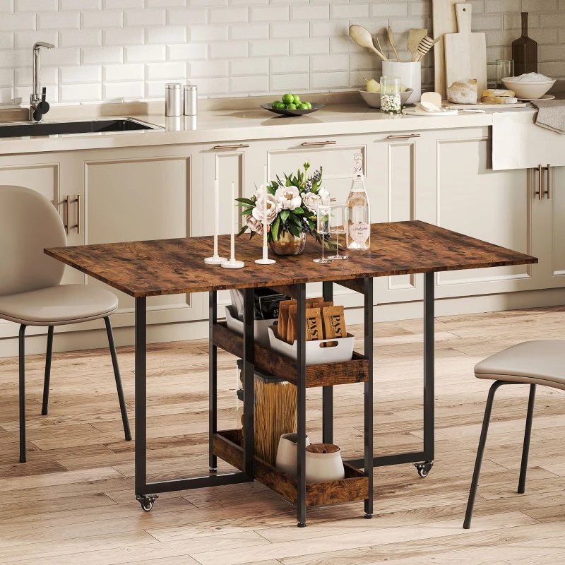 HOMCOM Inklapbare Eettafel in Industrieel Ontwerp, voor tot 4 Personen, Open Schappen, Flexibel, Metaal, Spaanplaat, Bruin(m-10)