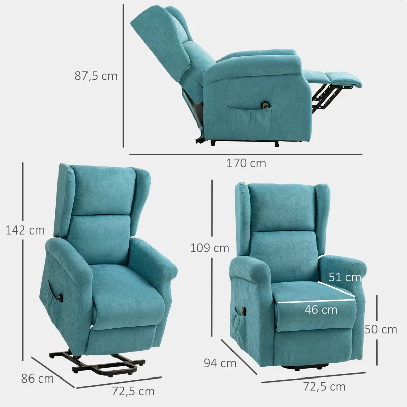 HOMCOM Fauteuil électrique releveur dossier inclinable avec repose-pied télécommande et pochette tissu aspect lin bleu