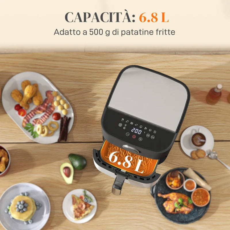 HOMCOM Friggitrice ad Aria da 8L, Air Fryer 1700W con 8 Programmi e Circolazione Aria Calda a 360°, Display LED, Nero