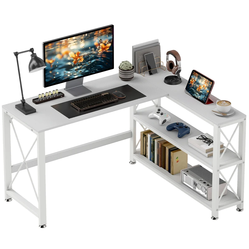 HOMCOM Scrivania ad angolo modulabile reversibile, scrivania con ripiani, ripiano di ripiani, telaio in metallo, 135x110x75cm, bianco