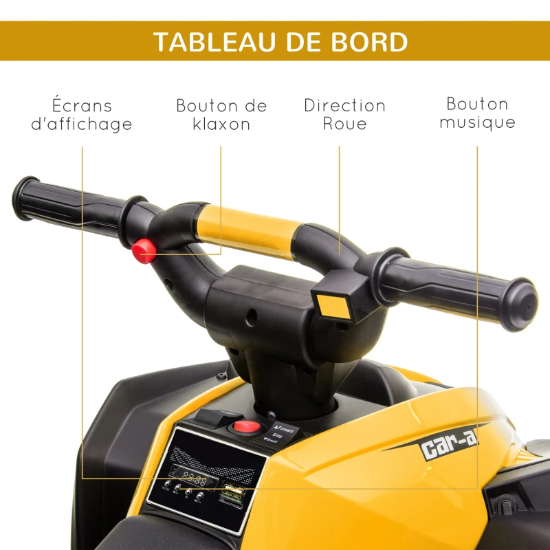 HOMCOM Quad électrique enfant 12 V, voiture électrique enfants 2 moteurs 2 vitesses 3-6 km/h, phares LED, klaxon, pour enfant de 3 à 5 ans, poignée et selle ergonomique, jaune(m-6)
