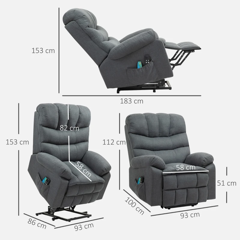 HOMCOM Sillón de elevación sillón reclinable eléctrico con función de masaje sillón acolchado con función de elevación metal tela