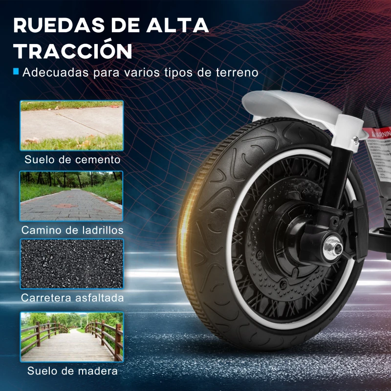 HOMCOM Moto Eléctrica para Niños de 18-36 Meses con Batería 6V Faro y Ruedas Auxiliares Desmontables Blanco