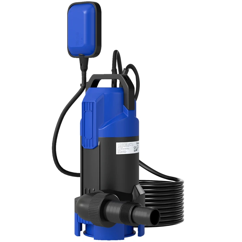 Outsunny Pompa d'Evacuazione Acque Cariche, Pulite Portata 20000 L/h 750 W Profondità max, 7 m Interruttore a Galleggiante 17 x 16 x 36 cm Nero