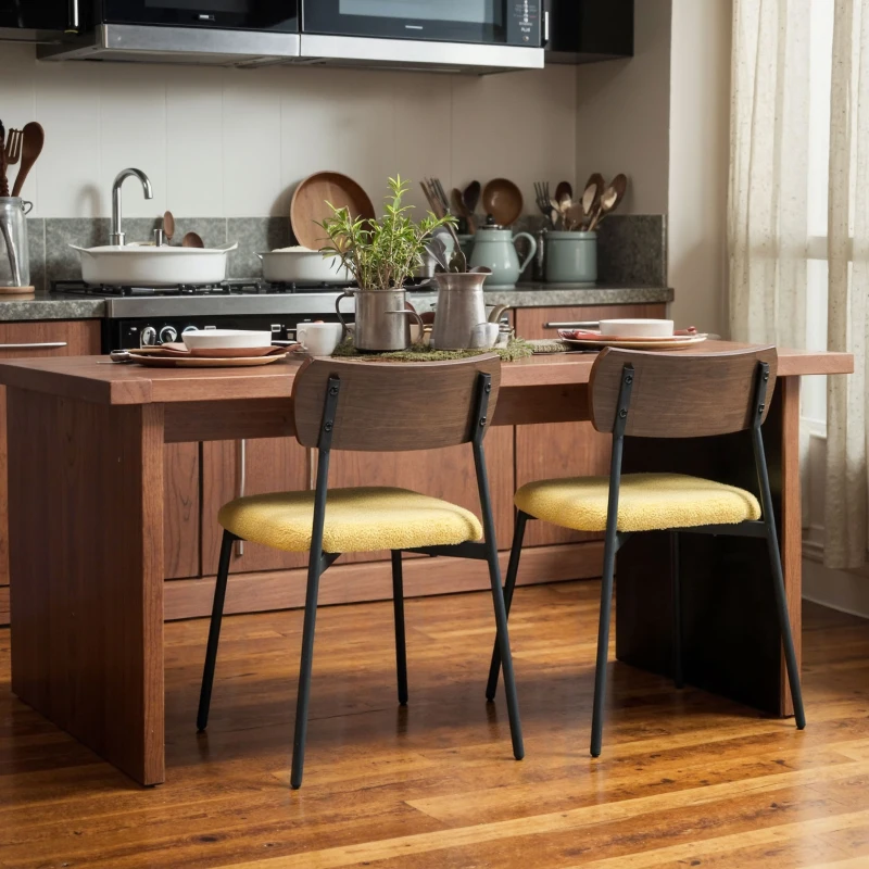 HOMCOM Lot de 2 chaises de salle à manger avec assise effet bouclette, dossier courbé effet bois, intérieur, jaune