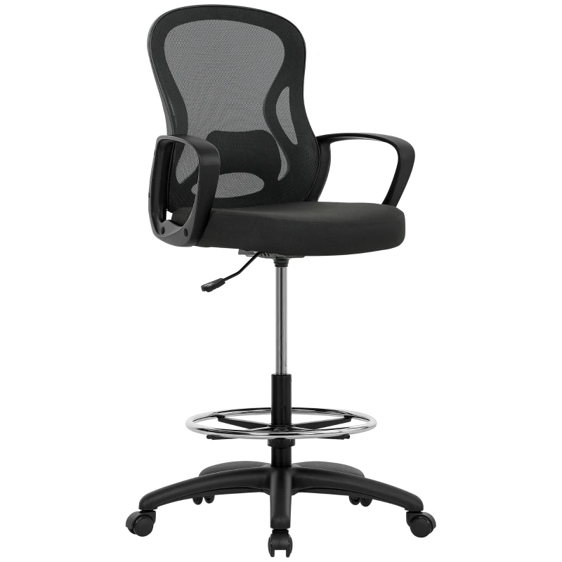 Vinsetto Drafting Chair with Adjustable Footrest, Ergonomic Mesh Office Chair with Lumbar Support, Adjustable Height for Standing Desk, Black