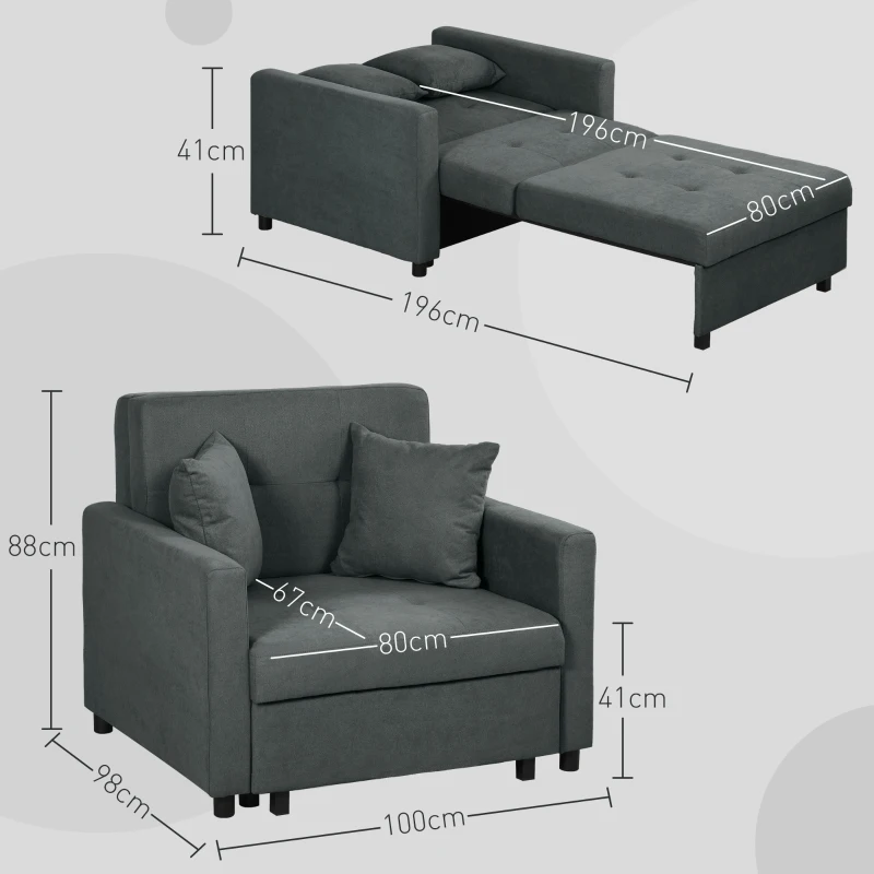 HOMCOM Poltrona Letto in Tessuto Effetto Velluto Grigio con 2 Cuscini e Spazio Contenitore, 100x98x88 cm