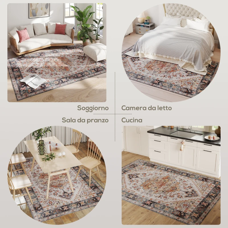 HOMCOM Tappeto Bohemien Antiscivolo e Lavabile a Pelo Corto per Soggiorno e Camera, 230x160 cm, Marrone