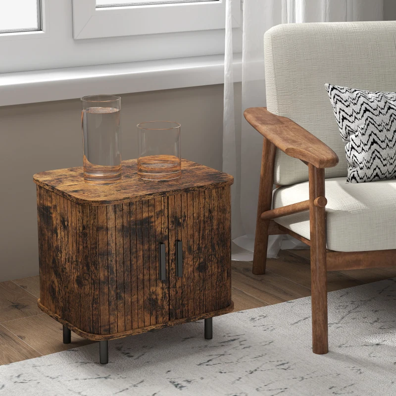 HOMCOM Bedside Table, Nordic Side Table with Roller Shutter Style Sliding Doors and Metal Legs for Bedroom, Living Room, Rustic Brown