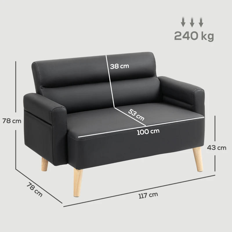 HOMCOM Small Faux Leather 2 Seater Sofa Settee - Black