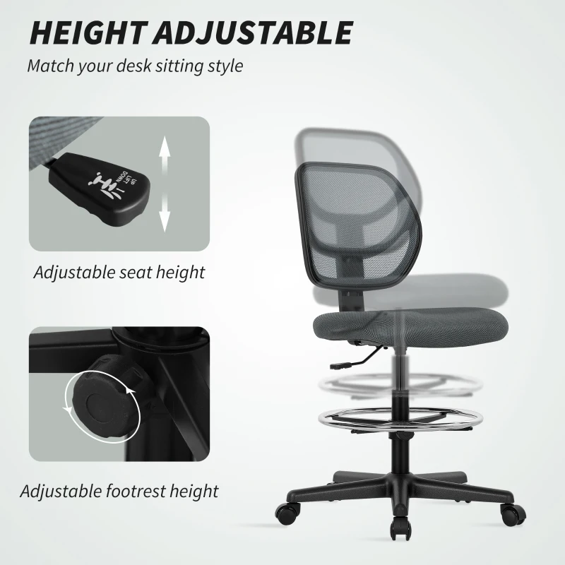 Vinsetto Ergonomic Mesh Standing Desk Chair with Adjustable Footrest Ring and Seat Height Charcoal Grey