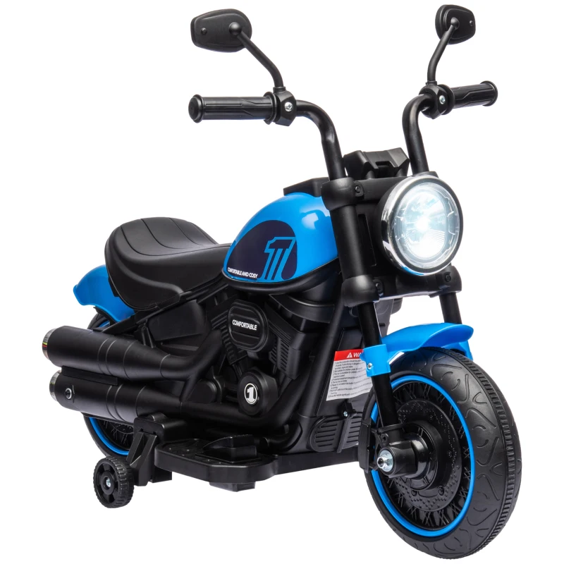 HOMCOM Moto Eléctrica para Niños de 18-36 Meses con Batería 6V Faro y Ruedas Auxiliares Desmontables Azul