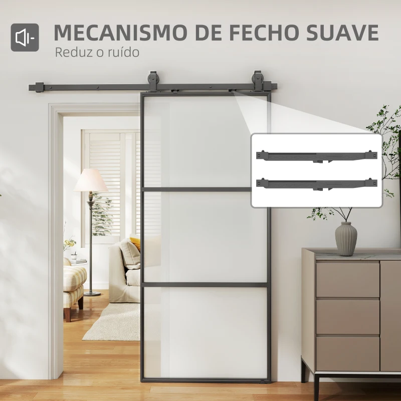HOMCOM Porta de Correr de Vidro com Mecanismo de Fecho Suave para Casa de Banho Sala de Estar Cozinha 91,4x203,2 cm Preto