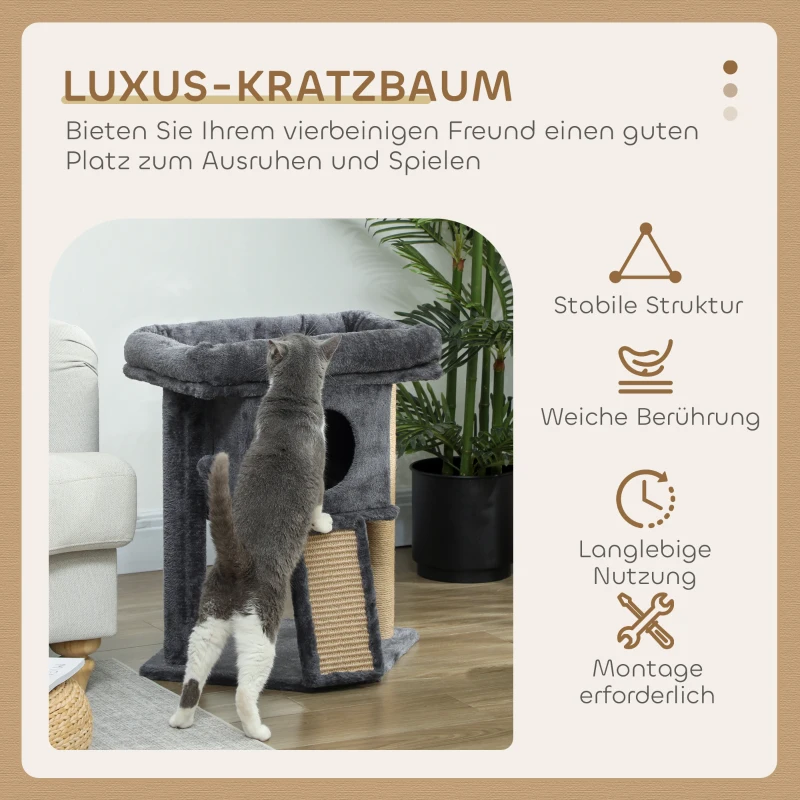 PawHut Kratzbaum mit Jute-Kratzmatte, Liegeplattform, Spielball, Katzenhaus, Beige, 40 x 40 x 57 cm(m-4)