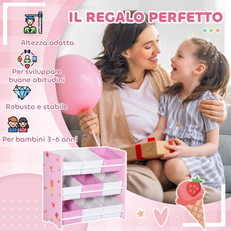 ZONEKIZ Mobiletto Portagiochi con 9 Cestini Rimovibili in Legno e Tessuto, 63x30x60 cm, Rosa e Bianco