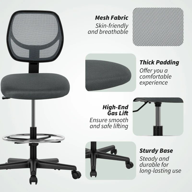 Vinsetto Ergonomic Mesh Standing Desk Chair with Adjustable Footrest Ring and Seat Height Charcoal Grey