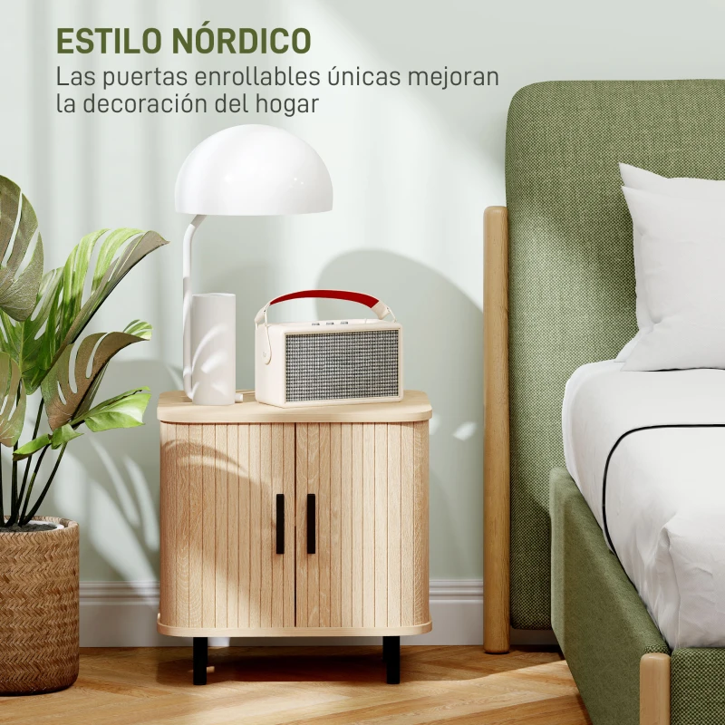 HOMCOM Mesita de Noche para Dormitorio con Puertas Correderas 2 Estantes y Patas de Acero Estilo Escandinavo 48x40x48 cm Roble
