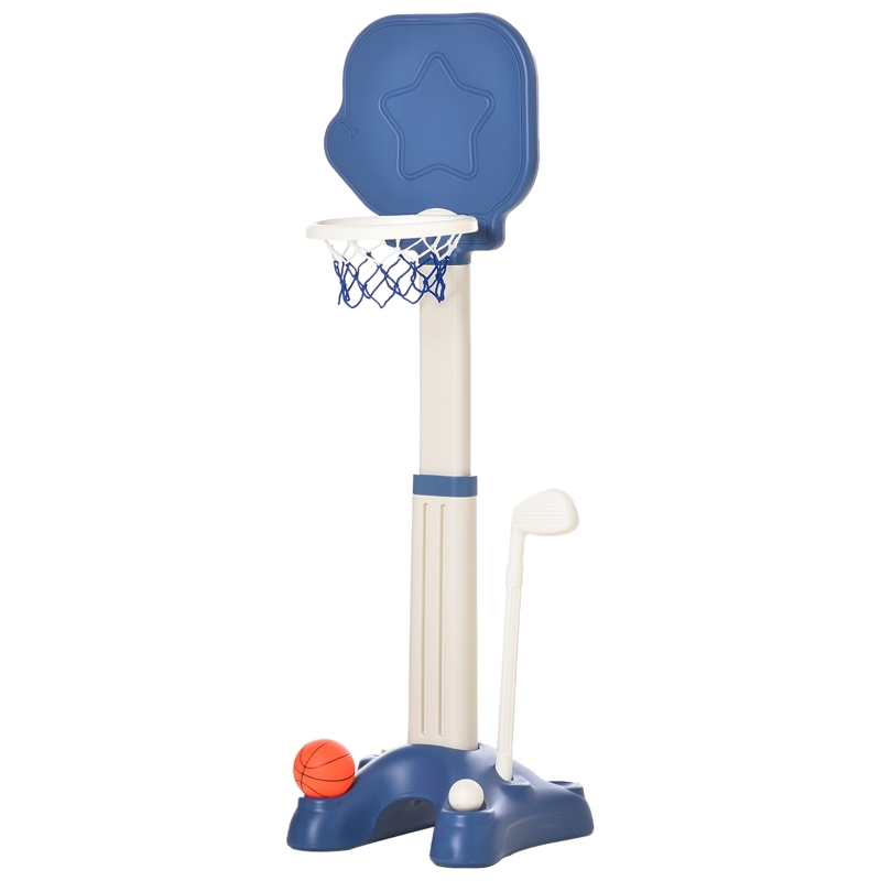 HOMCOM Canasta de Baloncesto 2 en 1 Canasta de Baloncesto Infantil con Aro Ajustable en Altura de 83-120 cm Pelotas y Palo de Golf 46x41x116-153 cm Azul y Blanco