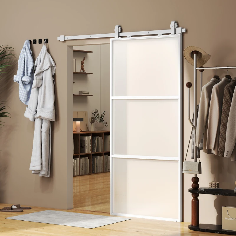 HOMCOM Puerta Corredera de Cristal con Herrajes Mecanismo Cierre Suave para Baño Salón 91,4x203,2 cm Blanco