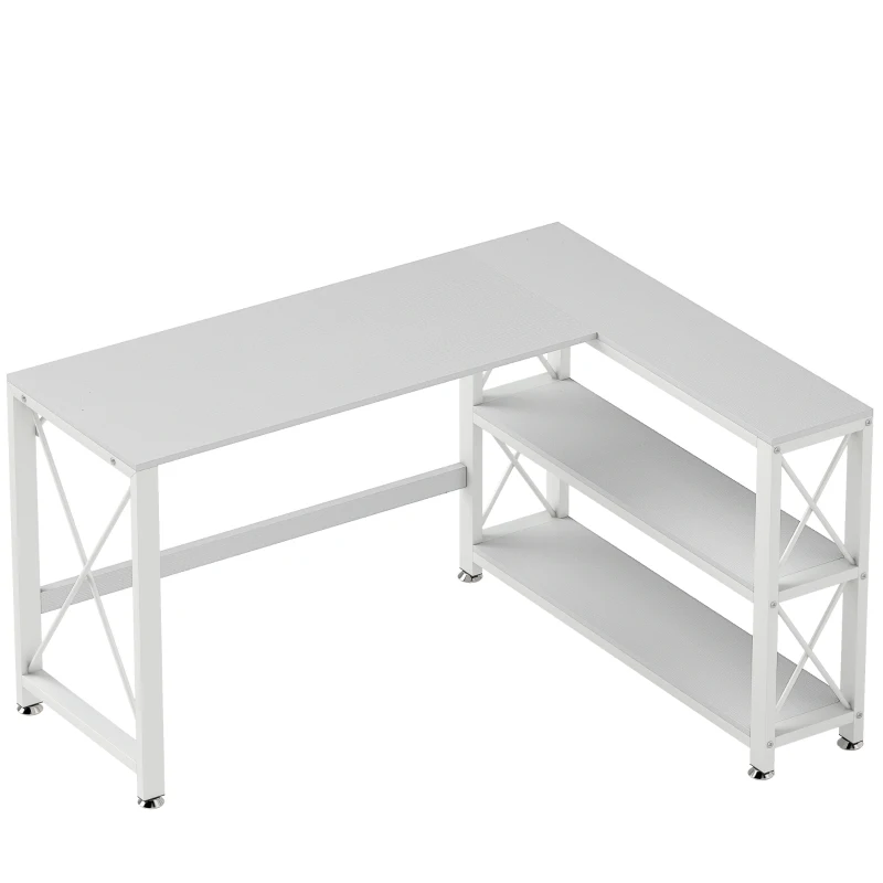 HOMCOM Escritorio de esquina modular reversible, escritorio con almacenamiento, estante de almacenamiento, marco de metal, 135x110x75cm, blanco