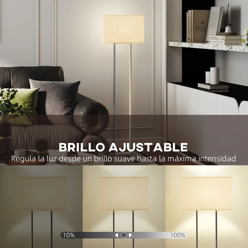 HOMCOM Lámpara de Pie para Salón 150 cm con Pantalla de Tela Luz Nocturna Interruptor de Pie y Base Metálico Blanco
