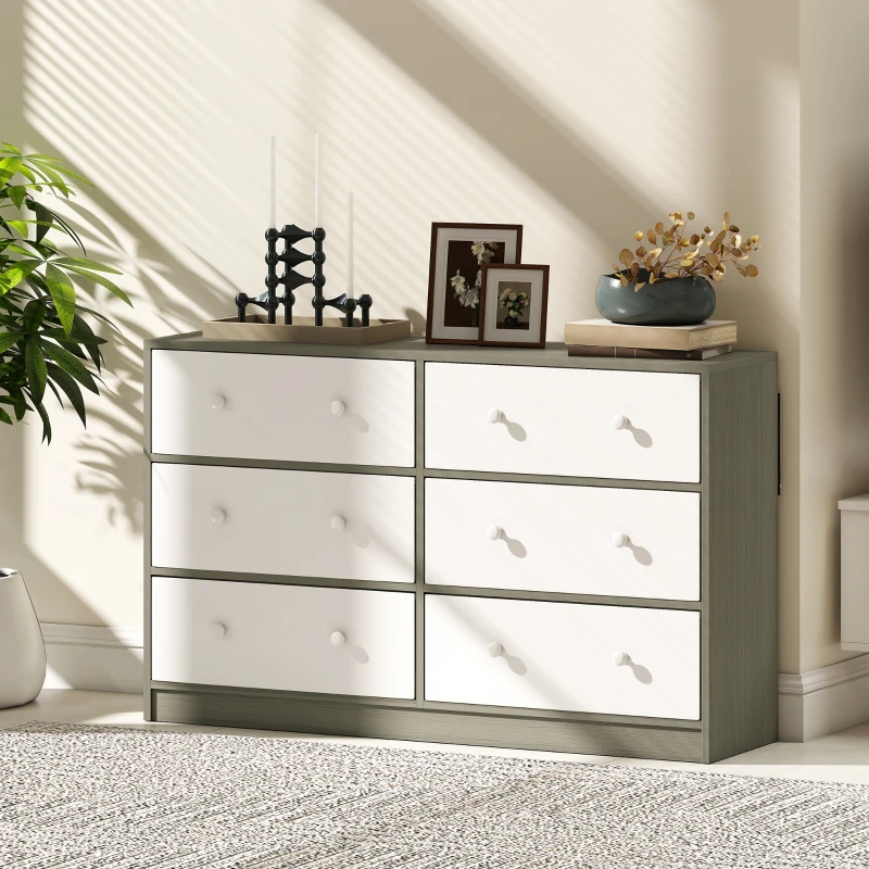 HOMCOM Chest of Drawers, Dresser with 6 Fabric Drawers - White and Grey