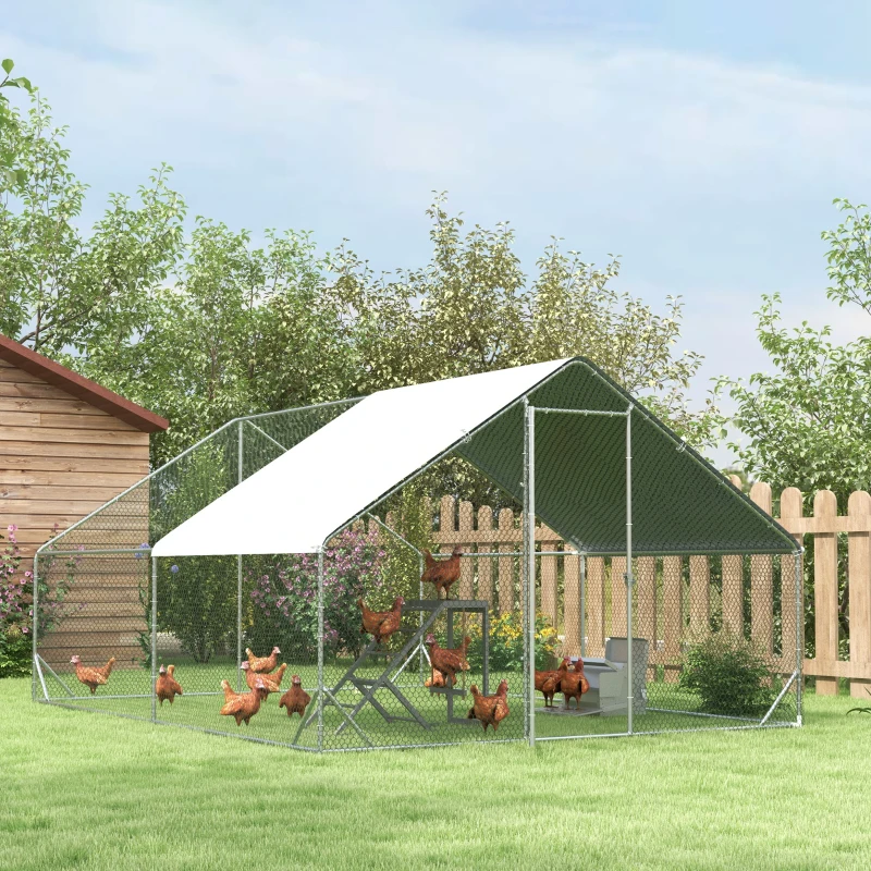 PawHut Galinheiro de Exterior Grande 3x4x2m Gaiola para 8-12 Galinhas de Aço Galvanizado com Teto de PE e Fechadura para Coelhos Prata