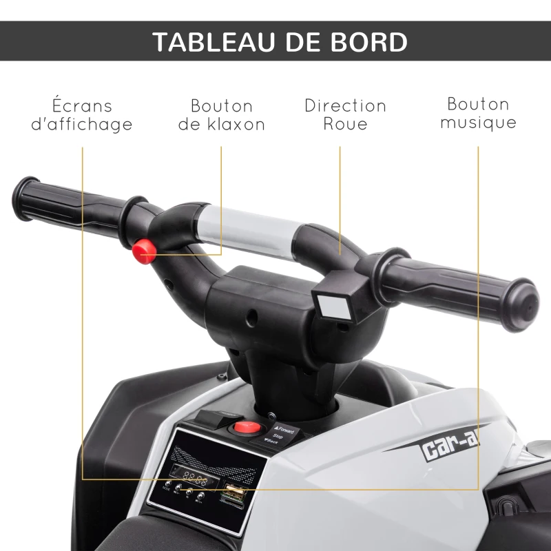 HOMCOM Quad buggy électrique enfant 12 V 6 Km/h max. effets lumineux selle pour enfant 3-5 ans métal PP noir blanc(m-6)
