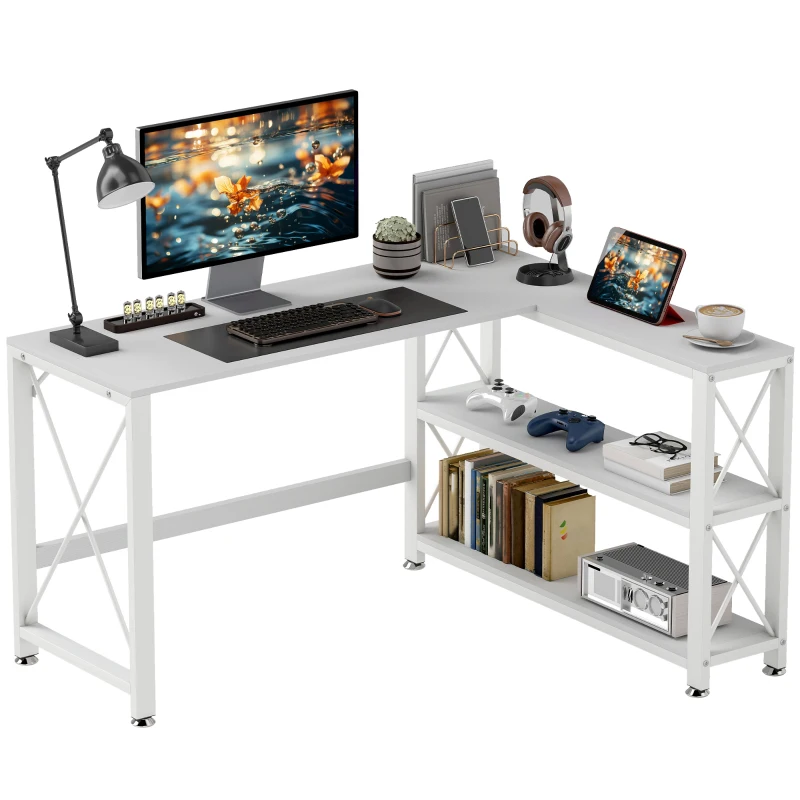 HOMCOM Reversibler modularer Eckschreibtisch mit Stauraum, Regal, Metallrahmen, 135x110x75cm, Weiß