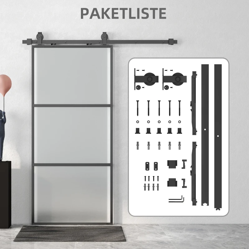 HOMCOM Schuifdeur met melkglas, railsysteem, montageset, soft-close mechanisme, eenvoudige montage, staal, zwart(m-7)