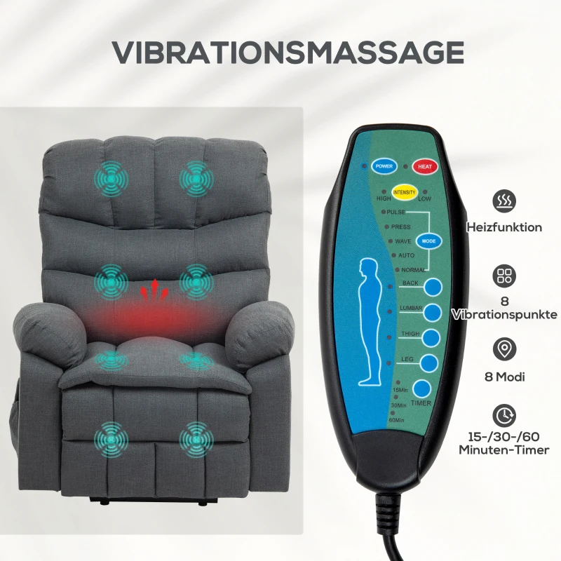 HOMCOM Fotel podnoszący, elektryczny fotel relaksacyjny z funkcją masażu, fotel tapicerowany z funkcją podnoszenia, metal, tkanina, szary