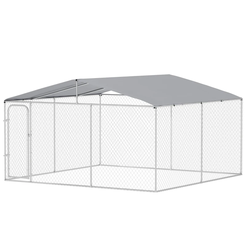 PawHut Perrera de Exterior con Toldo Anti-UV Impermeable Puerta con Pestillo y Marco de Metal Galvanizado 4x4x2,3 m Plata