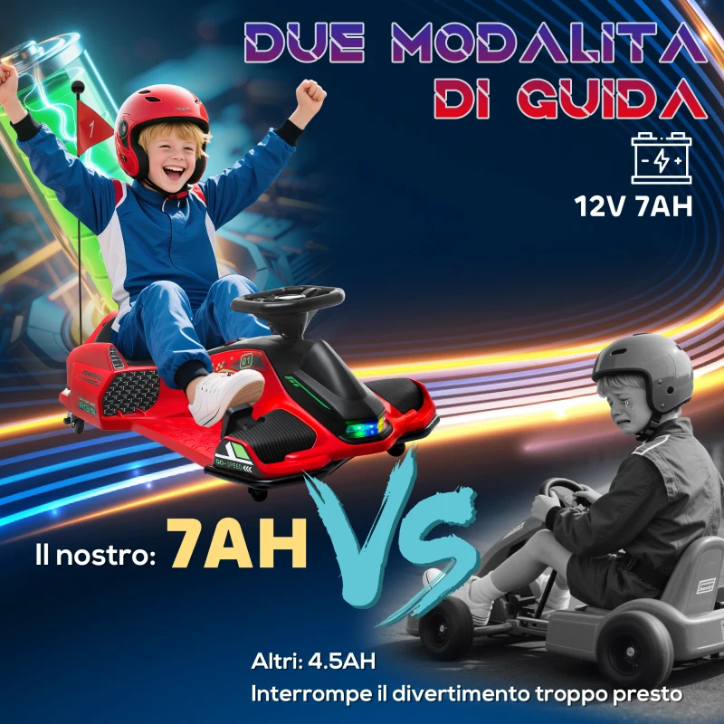 HOMCOM Go Kart Elettrico per Bambini 8-12 Anni Velocità 3-8 km/h per Drifting con Luci e Musica, Rosso