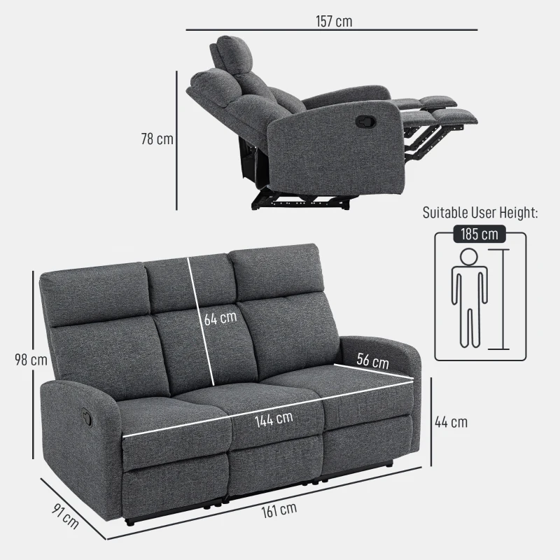 HOMCOM 3-Sitzer-Sofa, individuell verstellbare Rückenlehnen, Fußstütze, Stoffbezug, Metall, Grau(m-3)