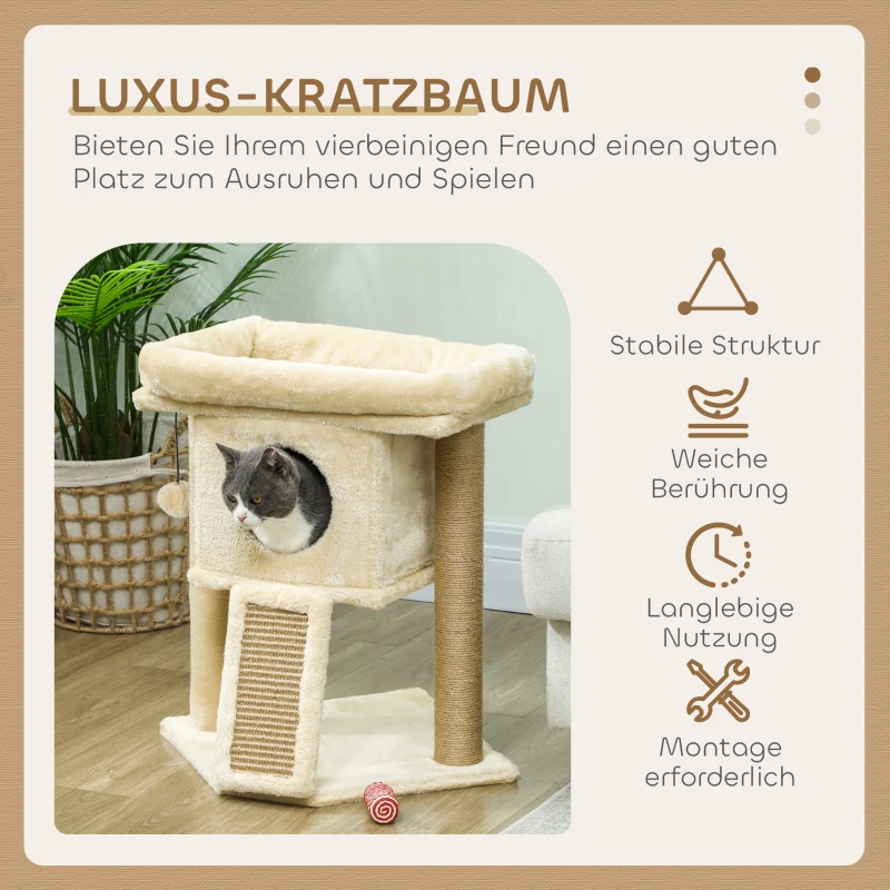 PawHut Kratzbaum mit Jute-Kratzmatte, Liegeplattform, Spielball, Katzenhaus, Beige, 40 x 40 x 57 cm