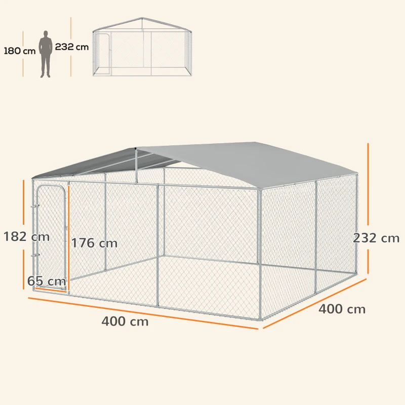 PawHut Perrera de Exterior con Toldo Anti-UV Impermeable Puerta con Pestillo y Marco de Metal Galvanizado 4x4x2,3 m Plata