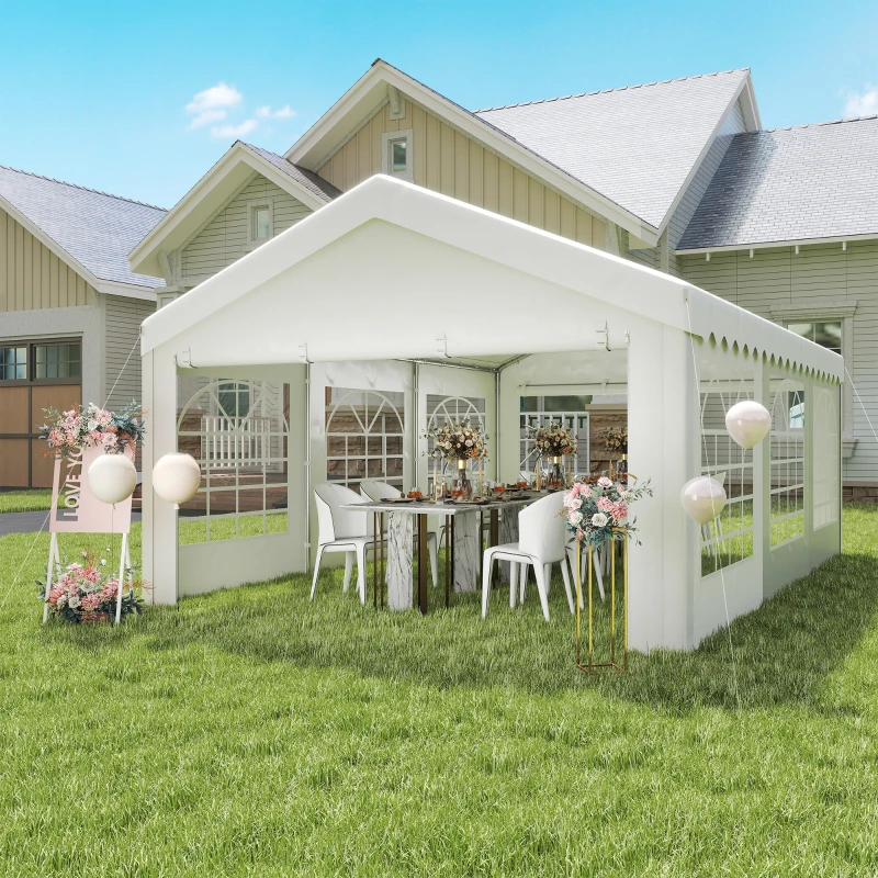 Outsunny Carpa para Fiesta Cochera Gazebo 6x4m Pergola Cenador Pabellón 4 Paneles Laterales Ventanas Anti-UV para Eventos Bodas Acero PE Blanco