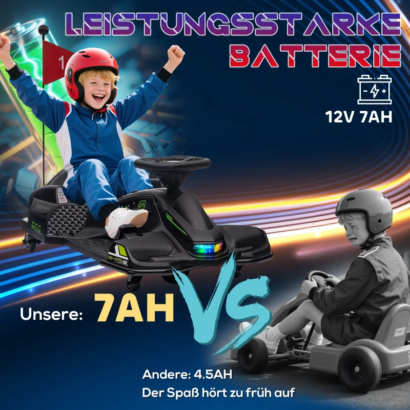 HOMCOM Elektrisches Go-Kart für Kinder, Gummiräder, 3-8 km/h, mit Lichtern und Musikfunktion, Schwarz(m-8)