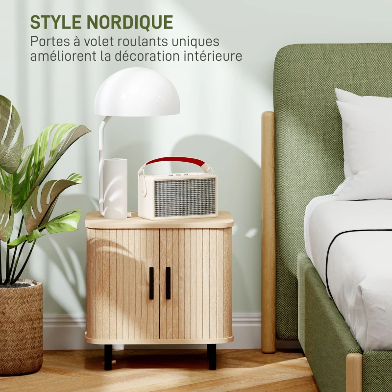HOMCOM Table de chevet, table d'appoint, style scandinave 2 portes coulissantes et pieds en acier 48 x 40 x 48 cm, aspect bois